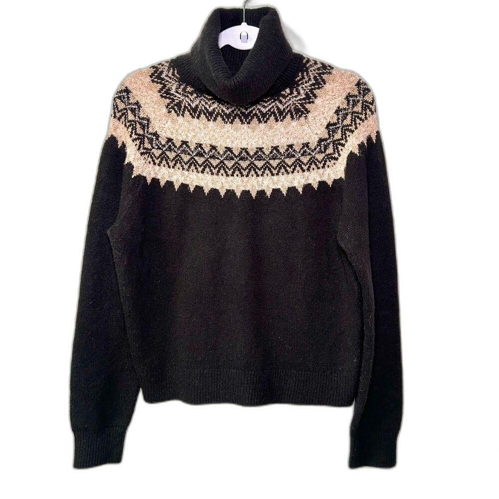 Ann Taylor Fair Isle turtleneck sweater black and metallic gold Medium